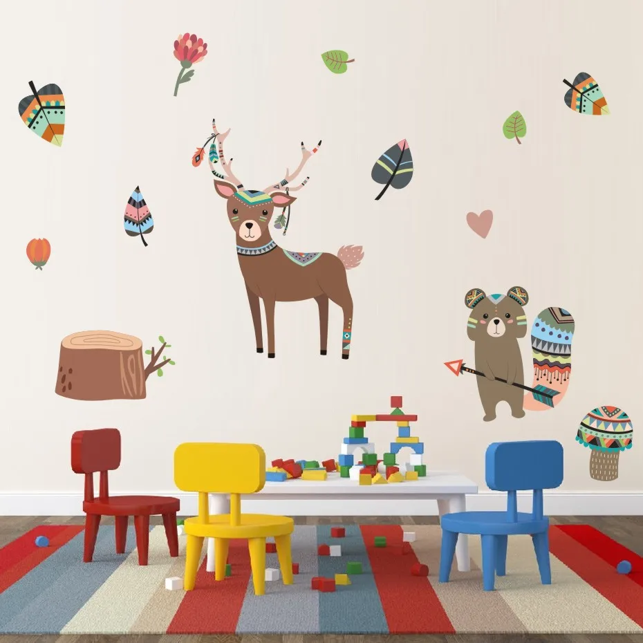 Nordic Style Cartoon Animals Fox Deer DIY Wall Sticker For Kids Rooms Nursery Removable Wall Decals Art Posters Funny Home Decor