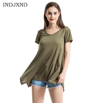 

INDJXND Summer Blouse Female Casual O Neck Short Sleeve Women Tops Loose White Blusas Shirts Sexy Irregular Vintage Feminina