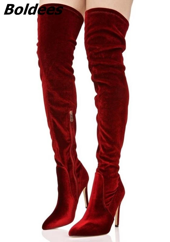 red velvet thigh high boots