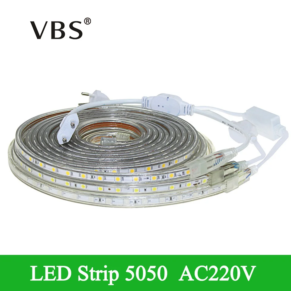 cheap Hot Sale SMD 5050 Waterproof LED Strip 220V White Warm White Red Green Blue LED Flexible Strip Light With EU Plug