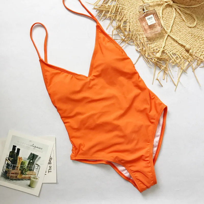 Women's Sexy Solid Bandage Swimsuit Orange Display