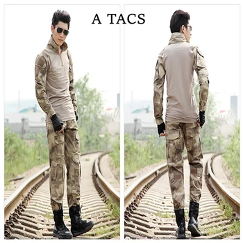 

For Men Tactical Uniform Set Hiking Shirt Pants W/ Knee & Elbow Pads A TACS Military Hunting Training Uniform Sets Combat Suits