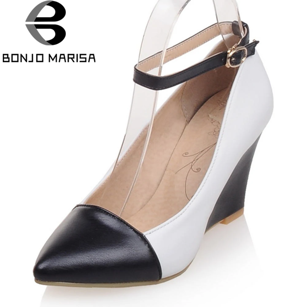 

BONJOMARISA Fashion Brand mixed-color Wedges Pumps Women Autumn 2018 Sexy Pointed Toe Shallow Shoes Woman Large Size 33-43
