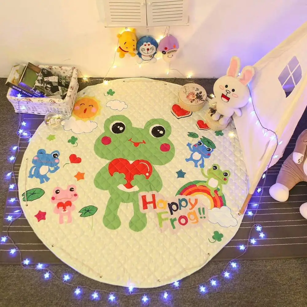 Baby Kids Cute Large Cartoon Toys Storage Bag Play Mat Gym Mat Round Children Playmats Floor Carpet Outdoor Picnic Mat - Color: Happy frog