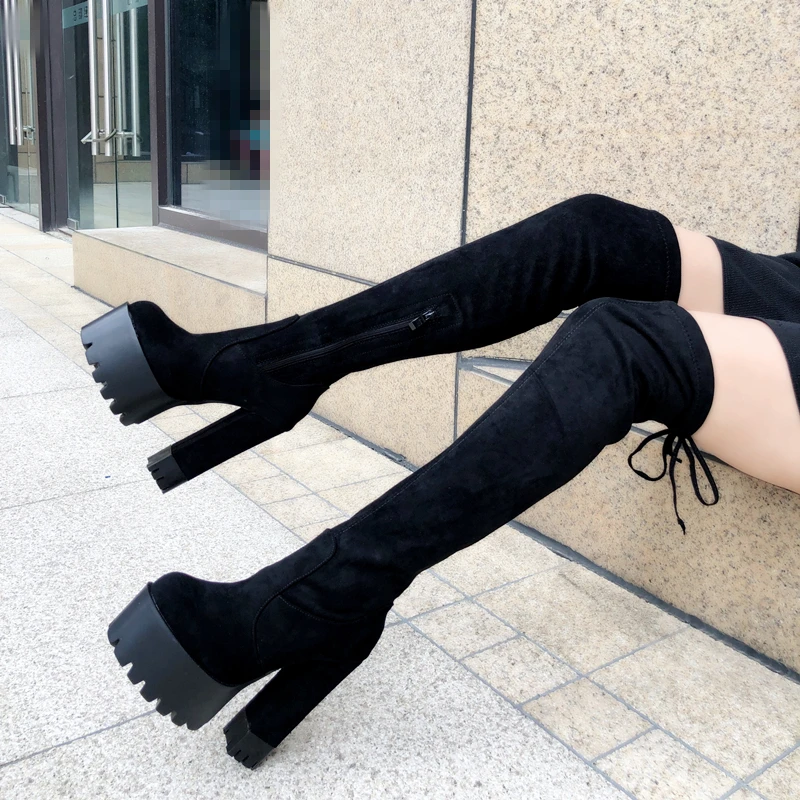 

Over the knee long boots Europe and America sexy thick with elastic stovepipe high boots 15cm super high heel suede womens boot