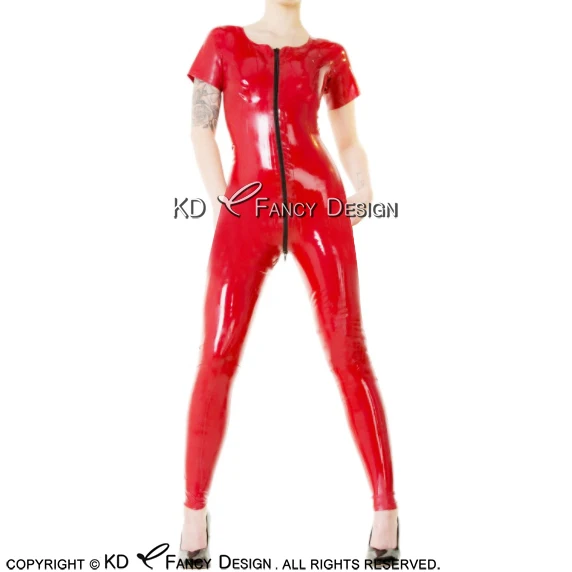 

Red Sexy Latex Catsuit With Front To Crotch Zipper And Short Sleeves Rubber Jumpsuit Body Suit Bodysuit Zentai Overall LTY-0191
