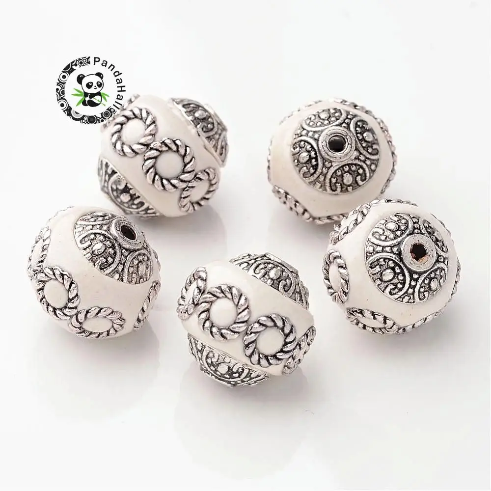 

Handmade Indonesia Beads, with Alloy Cores, Round, White, 14~15x15mm, Hole: 2mm