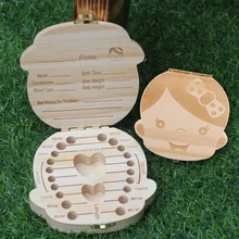 Spanish/Russian/English Wooden Baby Tooth Box Organizer Milk Tooth Storage Box for Boy Girl Save Teeth Umbilical Cord Lanugo