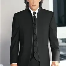 Индивидуальный заказ черный воротник-стойка жениха смокинги Лучший человек Свадебный для шафера мужские свадебные костюмы(пиджак+ брюки+ жилет+ галстук