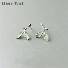 Uini-Tail, новинка 925, Стерлинговое Серебро, зеленые листья, серьги, корейская мода, простой тренд, ухо, движение, ювелирное изделие, высокое качество, GN317