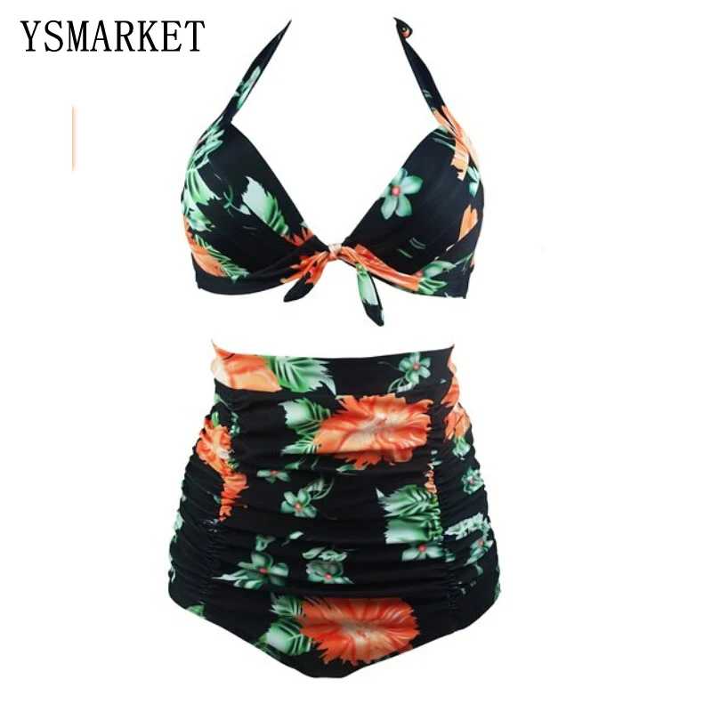 

2018 New Sexy Bikinis Women Swimsuit High Waist Bathing Suit Print Halter Strap Push Up Bikini Set Tankini Swimwear F010