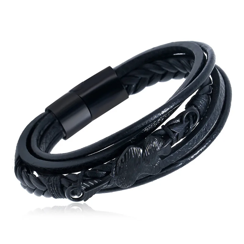 Cute Romantic Couple Black Stainless Steel Leather Bracelet Classic Style Men Simple Button | Украшения и аксессуары