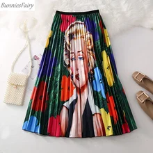 BunniesFairy осень 50 s Винтаж Ретро Мэрилин Монро характер Цветочный принт Высокая талия длинная Плиссированная юбка средней длины для праздника