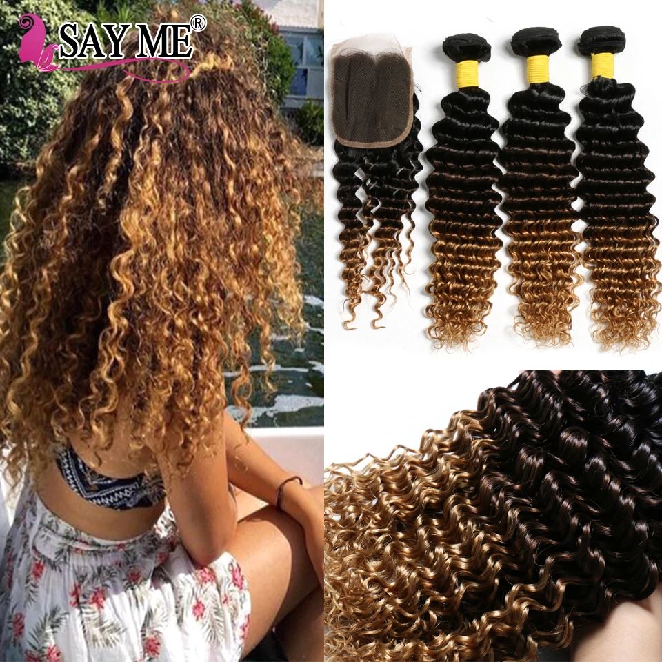 

Human Hair Deep Wave Bundles With Closure Ombre Peruvian Hair Bundles With Closure Remy Blonde Weave 3 / 4 Bundles With Closure
