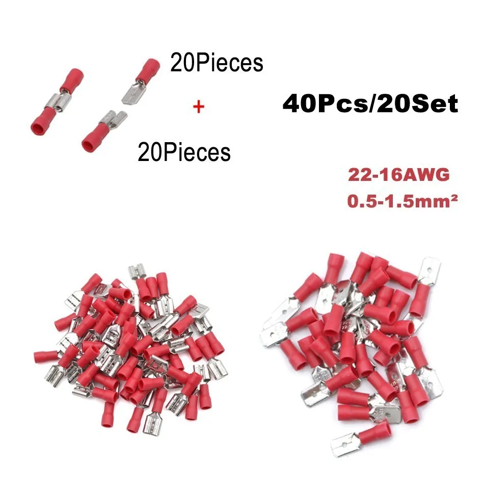 40 штук 20 компл. пуля флаг провод электрический разъем Мужской Женский обжимной изоляция кабеля нейлона терминалы FRD MPD автомобиля Терминатор - Цвет: FDD MDD RED 20SET