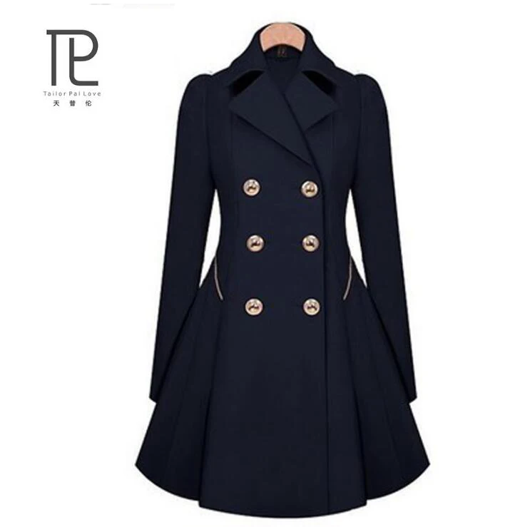 

New Spring Coat Women Slim vadim with Double Button Navy Blue Solid Color Long Sleeves Tops Office Lady Winter Trench Outwear #c