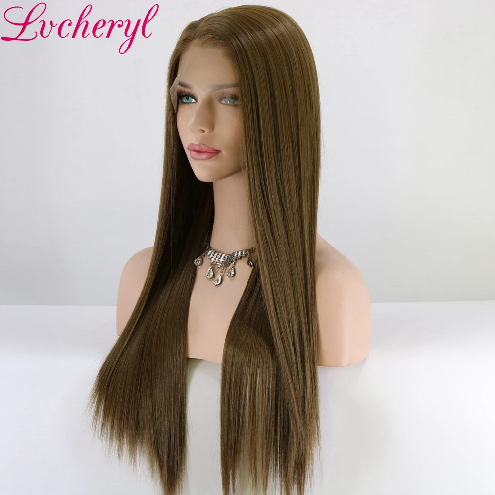 Lvcheryl ручная вязка 13x6 коричневый цвет свободная часть Futura волокна волос парики термостойкие волосы синтетический парик фронта шнурка повседневная одежда