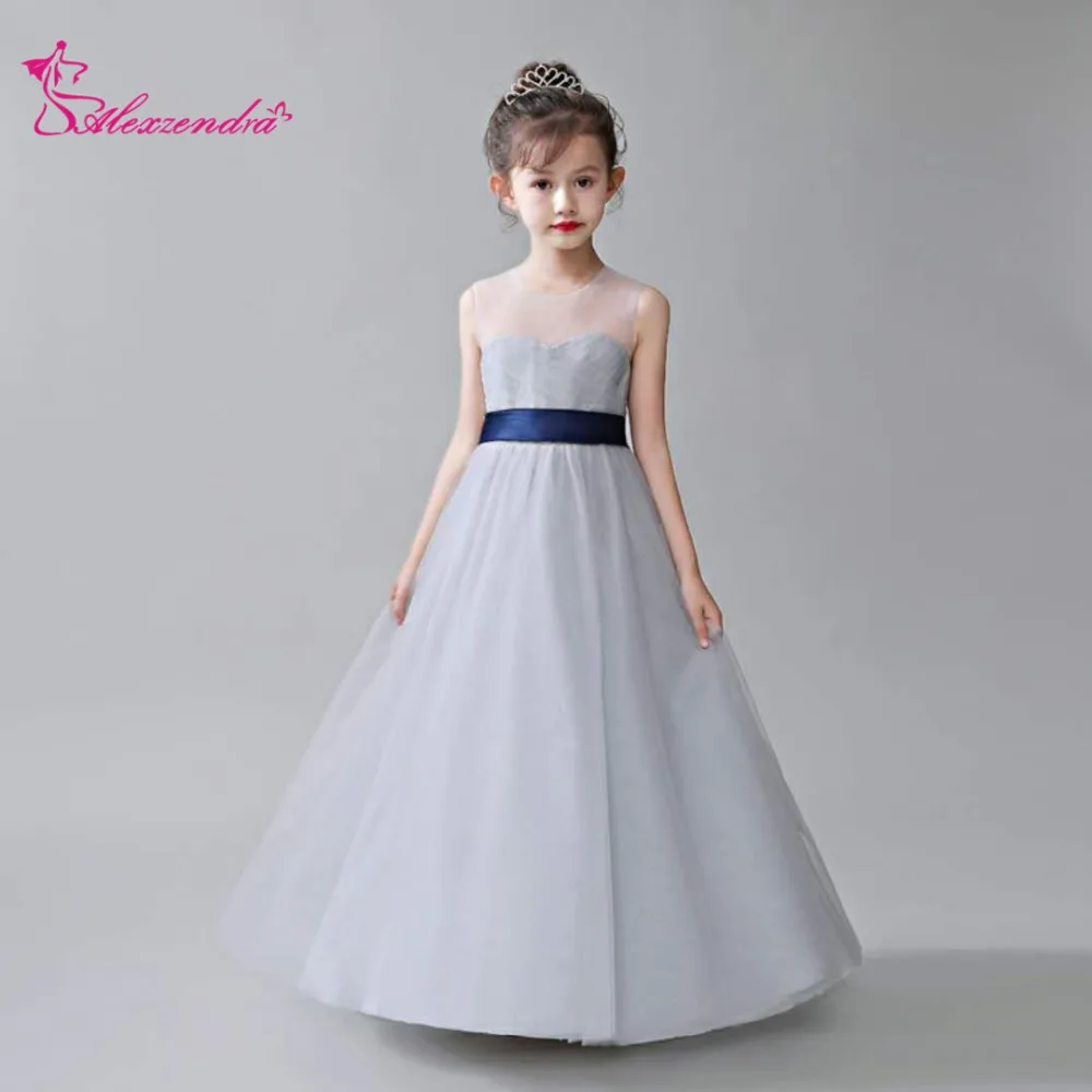 Alexzendra Gray Flower Girl Dresses with Belt Kids Evening Gowns For