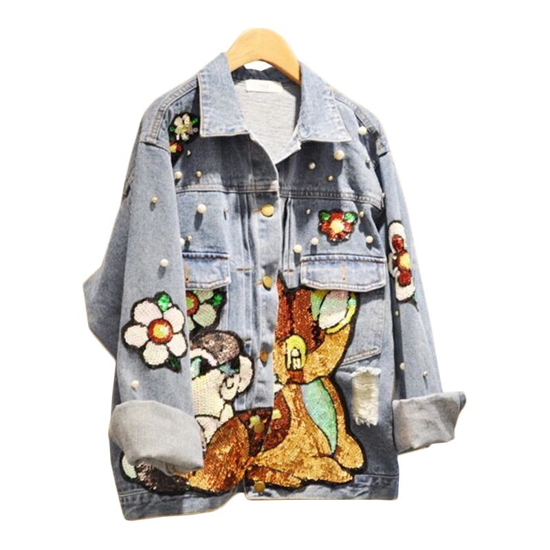 

jacket Women autumn Fashion Cartoon Sequins Embroidery women jacket Loose Wild Women Denim Jacket