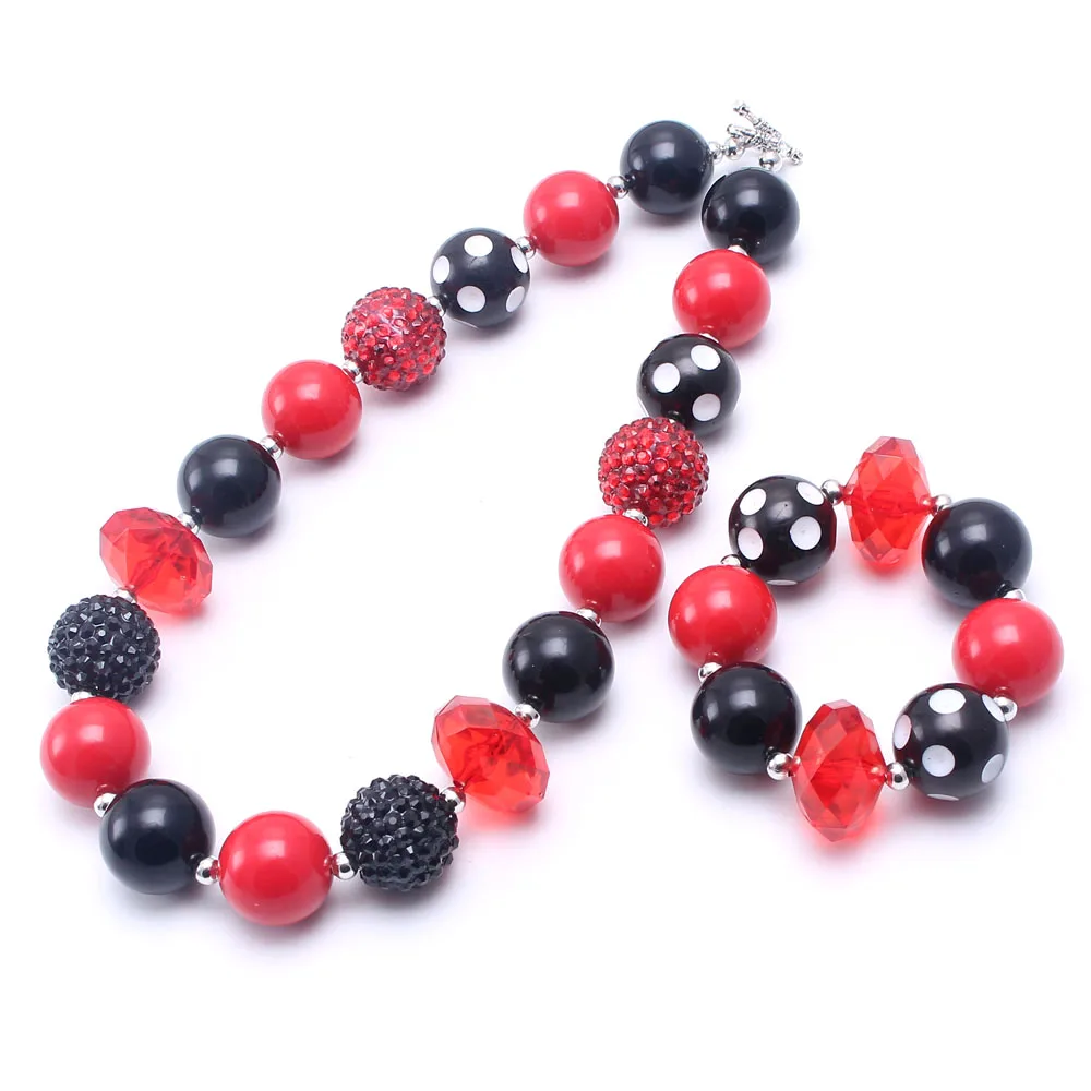

MHS.SUN 2Sets Baby Kid Chunky Necklace Jewelry Set Red+Black Color Girl Children Bubblegum Bead Chunky Necklace&Bracelet Set