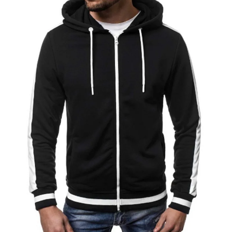 2019 Men Stripe Casual Workout Sweatshirt Hoodie Top Soild Male Pocket Zipper Tracksuit Men Cotton Cardigan Hoodies