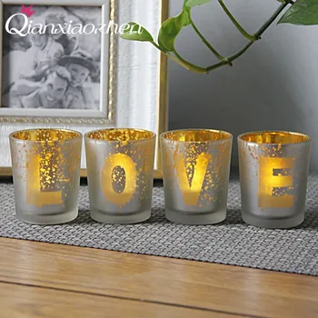 

Qianxiaozhen 4pcs LOVE Glass Candle Holders Wedding Decorations Candles Home Decoration Candle Lantern