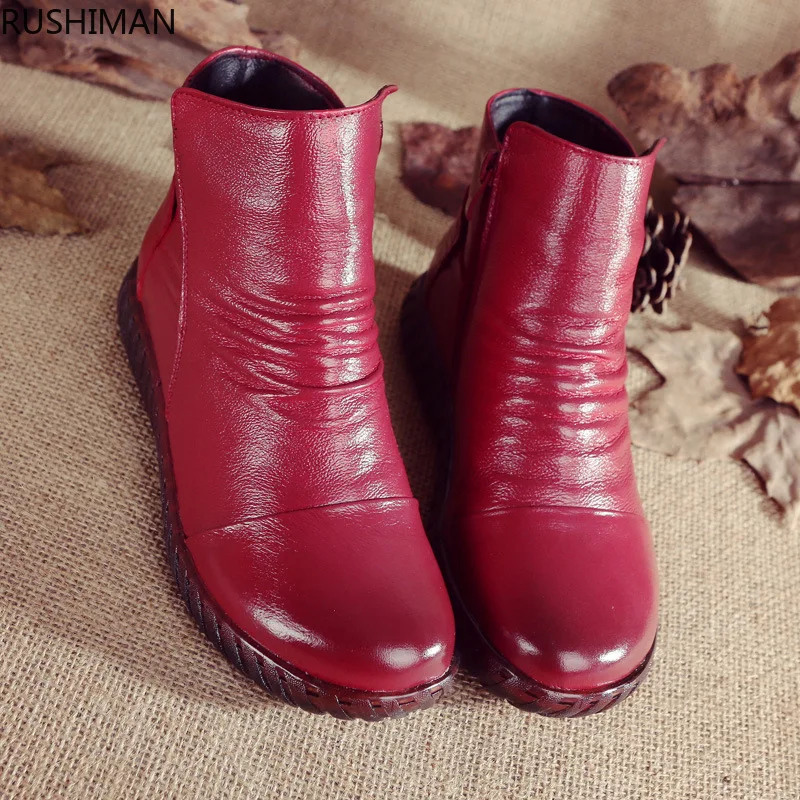 

RUSHIMAN Cowhide ankle boot female comfortable all-purpose the autumn winter boots with soft bottom sinews department literature