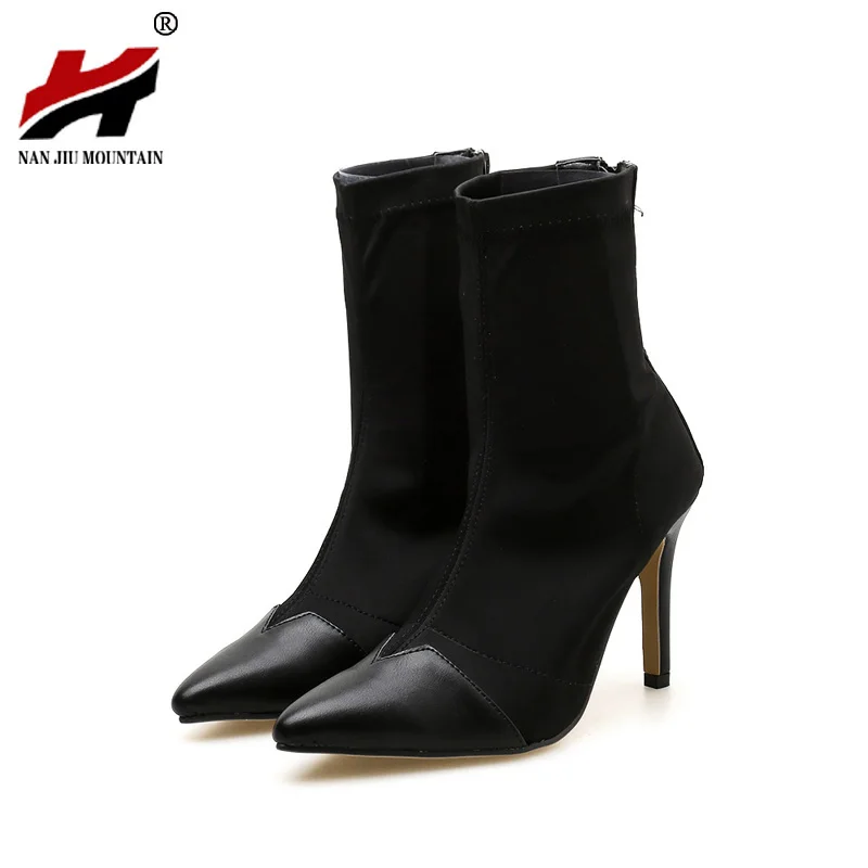 

NAN JIU MOUNTAIN High-Heeled Ankle Boots Autumn And Winter New Pointed Elastic Zipper Skinny Legs With Black Shoes Woman