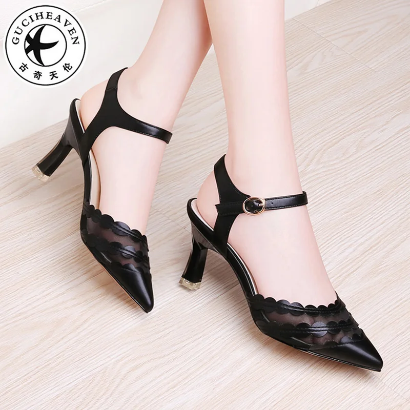 

Guciheaven2019 Mesh Pointed Toe Sandals Women Buckle T-Strap Sexy Casual Party Shoes Matrue High Thin Heels 7.5cm Crystal Black