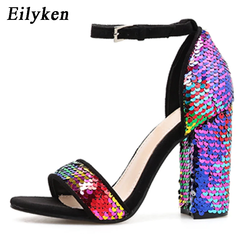 Eilyken/летние модные женские босоножки; пикантная женская свадебная обувь на высоком каблуке 10 см с ремешком и пряжкой; Разноцветные фиолетовые сандалии