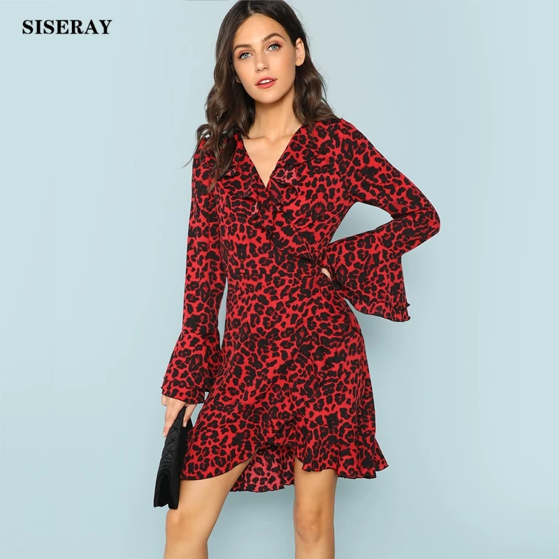 Red Sexy V Neck Leopard Print Dress Vintage Retro Sashes Dresses Ladies
