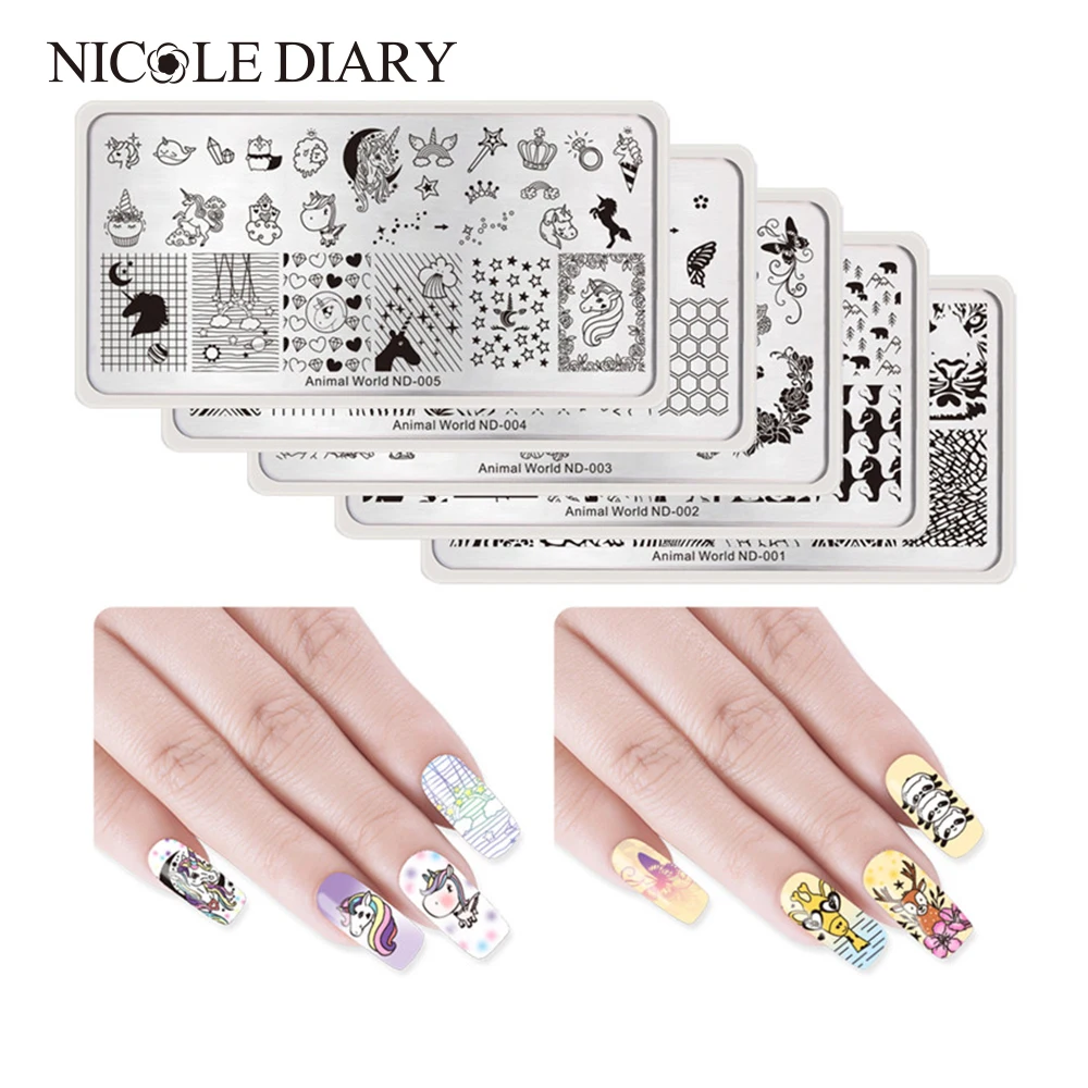 

NICOLE DIARY 5 Pcs Stamping Plates Nail Design Animal World Series Cat Owl Tiger Rectangle Nail Art Image Plates