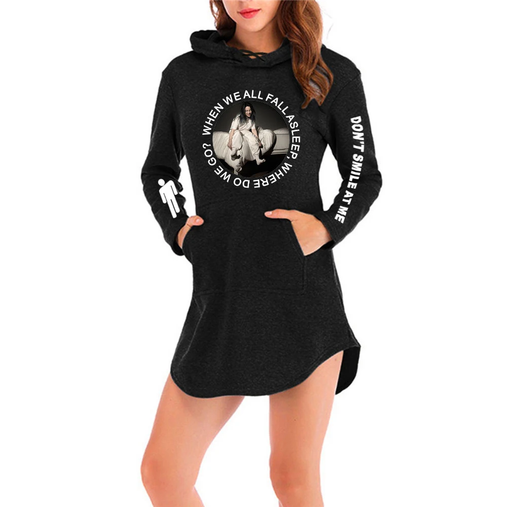

Fashion HIP HOP Billie Eilish Harajuku Casual Hoodie Dress Women Fashion Clothes Women popular Sexy Capped Dresss Hot Sale Tops