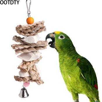 

OOTDTY Parrot Bird Toys Natural Wood Cuttlebone Grass Chew Bite Hanging Cage Bell Swing
