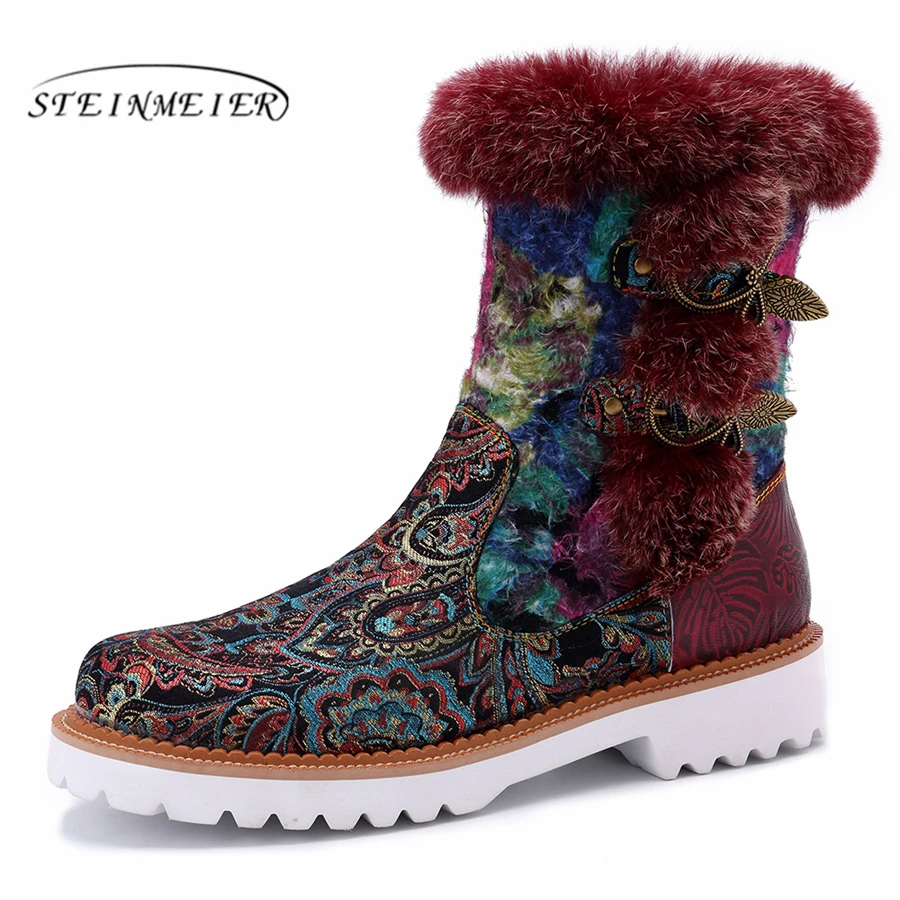 

Women winter snow Boots Genuine cow Leather Ankle Comfortable quality soft Shoes Brand Designer Handmade red blue 2019 with fur