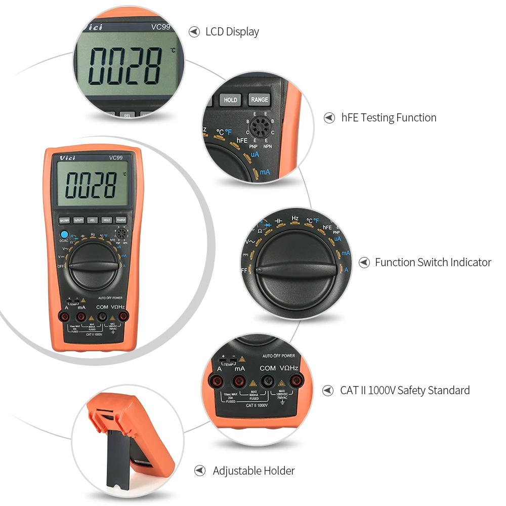 VC99 Цифровой мультиметр Цифровой Multimetro Автоматический диапазон 1000 В DC AC тестер сопротивления цифровой вольтметр Амперметр емкость диод