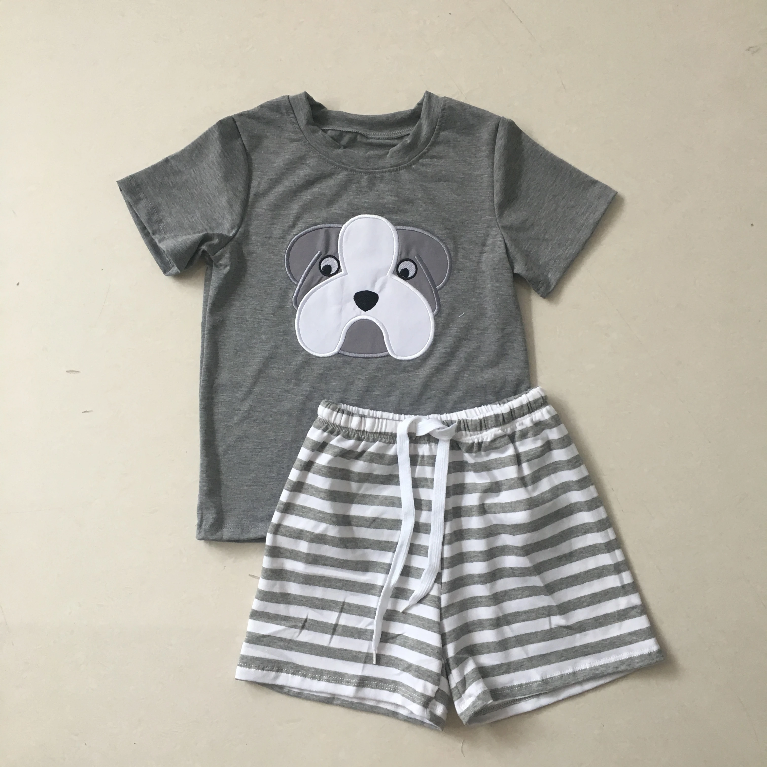 Puresun Hot Sale Football Boy Outfit Set High Quality Bulldog Embroidery Gray T-shirt Strpied Shorts Clothing | Детская одежда и