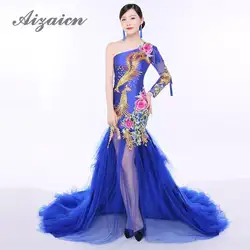 Королевский синий Вышивка Винтаж вечернее платье элегантный перспектива сетки со шлейфом Платья для вечеринок модные женские туфли