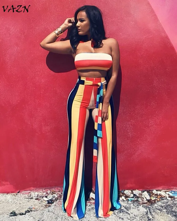 

VAZN New Fashion Brand 2018 Casual 2 piece Women Set Striped Strapless Slash Neck Long Loose Pants Bodycon Set LZ-342