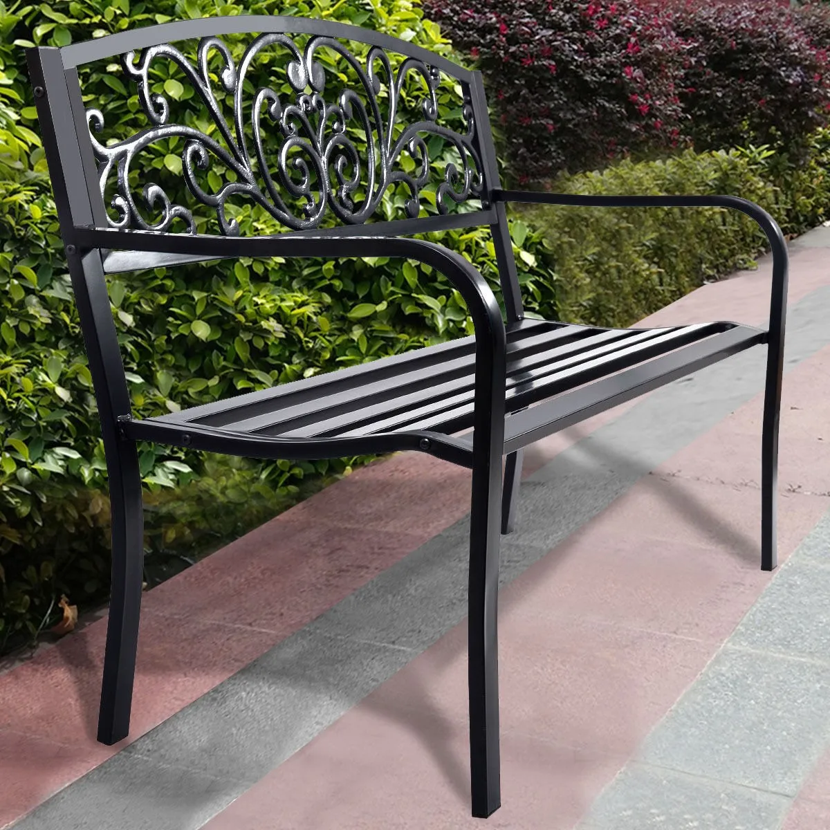 50 Black Patio Park Garden Steel Frame Bench Mesh Style Cast Iron