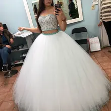 Бальное платье из двух предметов, пышное платье, сексуальные тонкие хрустальные лямки, Украшенные бусинами, большие размеры, для девочек 16, платья из тюля, 15 лет