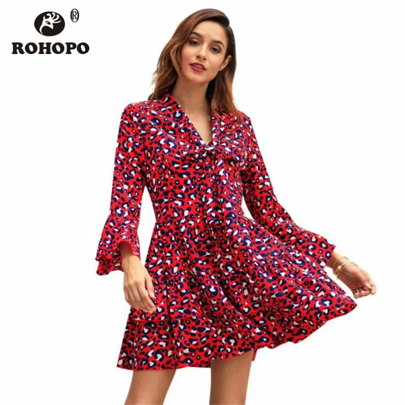 

Leopard Long Sleeve Dress Women 2019 Butterfly Sleeve Ruffles Mini V neck Slim Dress Green Red Autumn Bow Tie Female Dresses
