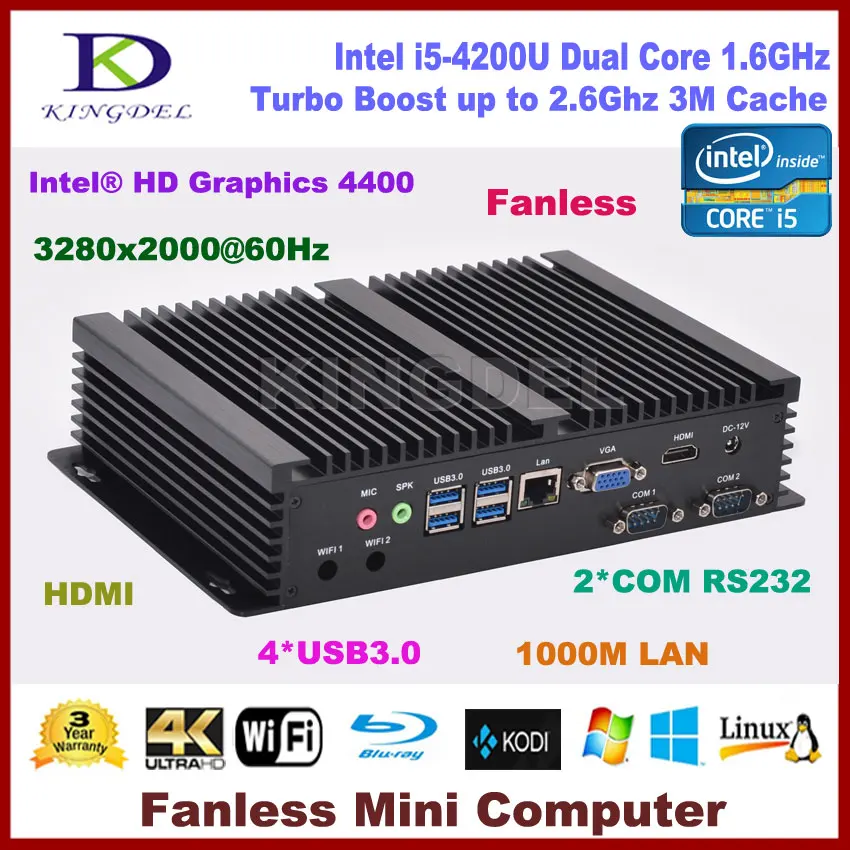 Безвентиляторный мини настольный компьютер 8G RAM + 128G SSD Intel Core i5 4200U, HDMI, Gigabit LAN 2 COM RS232, WiFi, VGA, Windows 10 Безвентиляторный мини настольный компьютер 8G RAM + 128G SSD Intel Core i5 4200U, HDMI, Gigabit LAN 2 COM RS232, WiFi, VGA, Windows 10