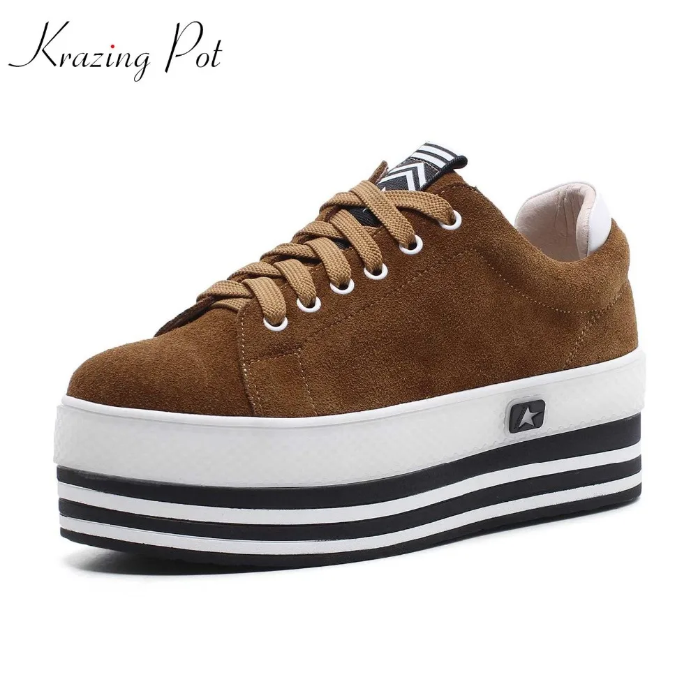 

Krazing Pot cow suede lace up superstar round toe sneakers thick bottom platform wedges handmade mixed color vulcanized shoe L87