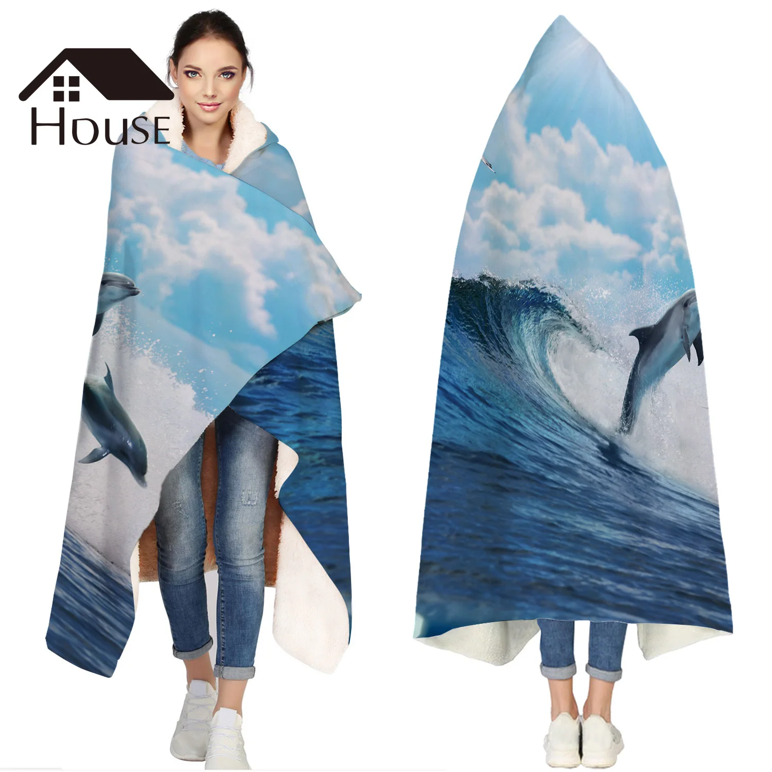 

Portable Wearable Fluffy Custom Hooded Blanket Sea Wave Sunshine Dolphin Fleece Hooded Throw Blanket