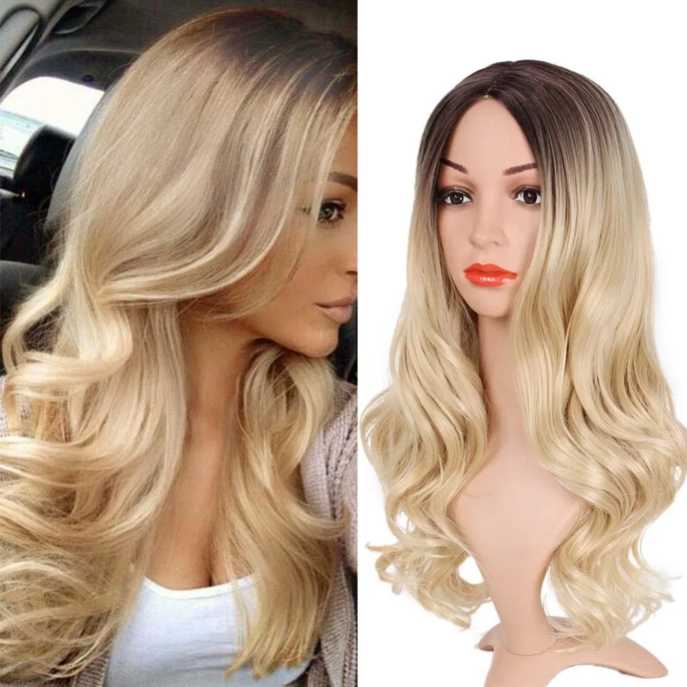Pageup Middle Part Ombre Blond Wig For Women Heat Resistant Fiber Ladies Daily Cosplay Long Wavy Hair Curly Synthetic Blonde Wig (9)