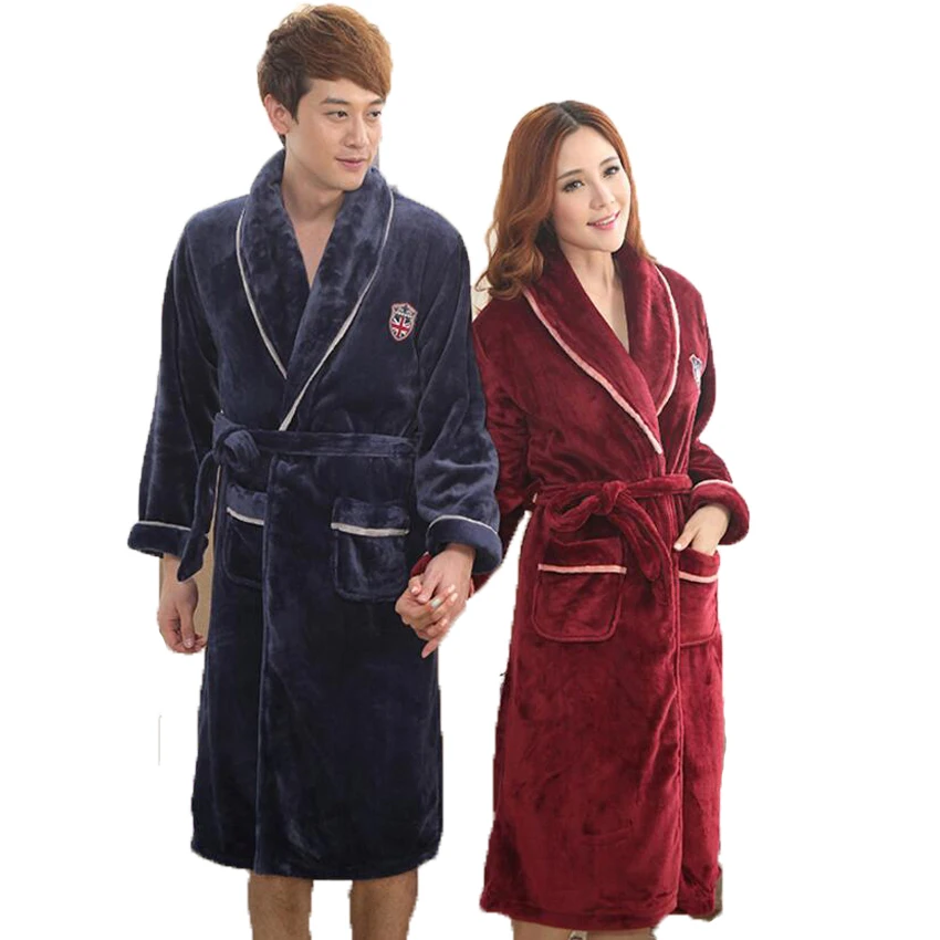 Flannel Couple Bathrobe Lovers Sleepwear Thick Warm Nightgown Kimono