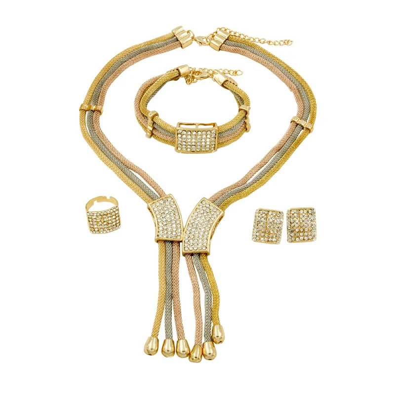 

2018 European Women Fashion 18 Gold Jewelry Sets Crystal Necklace Ring Earrings for Women Italian Bride Wedding Accessories