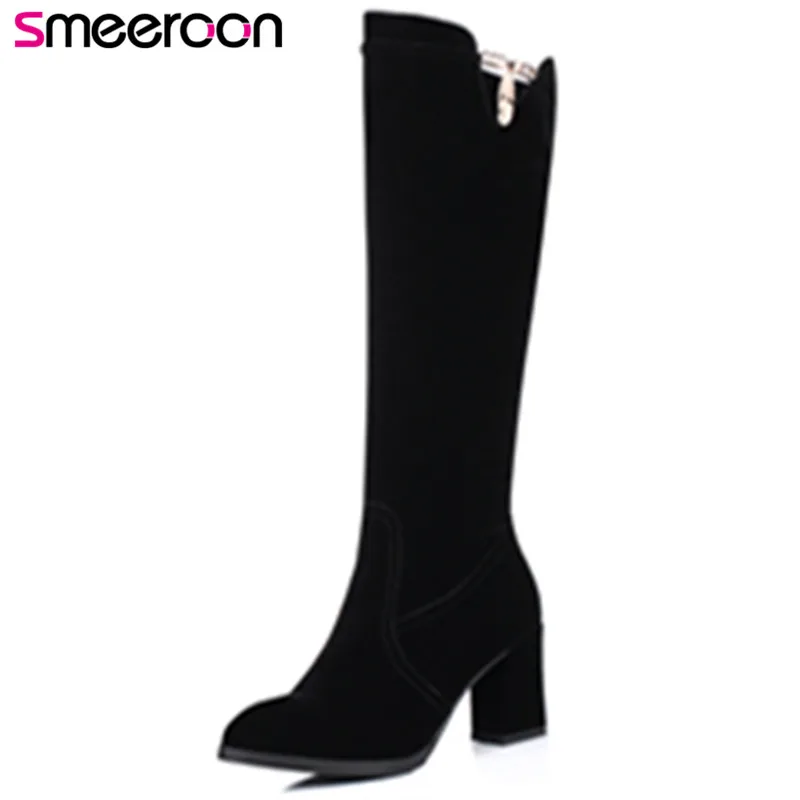 

Smeeroon 2018 new autumn winter boots high heels round toe knee high boots zip women boots party shoes wholesale footwear