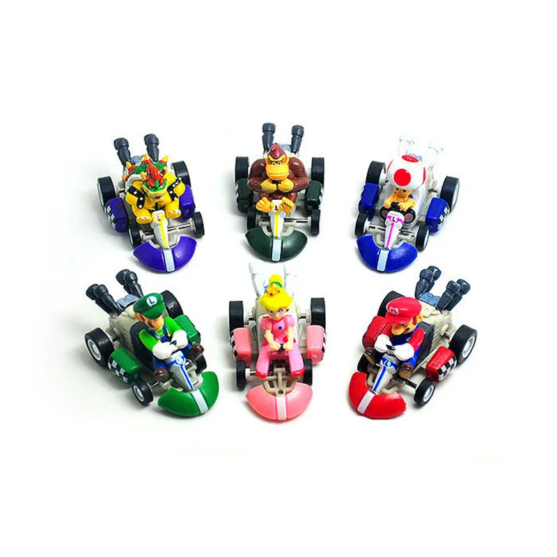 6pcs/set Super Mario Bros Figures Anime Luigi Dinosaurs Donkey Kong Bowser Kart Pull Back Car Hot Toys for Children
